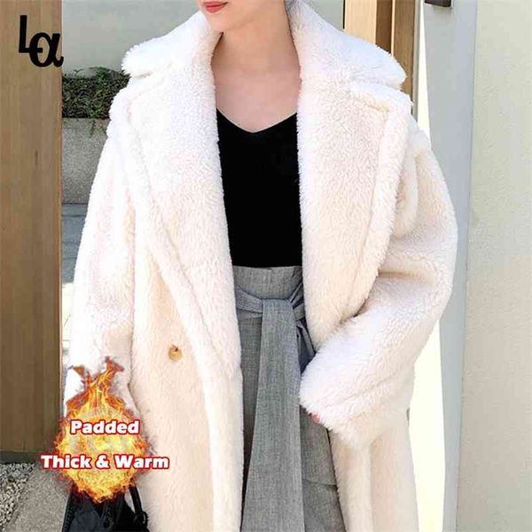 

winter casual solid teddy coat women long sleeve fleece jacket turn down collar lamb fur outerwear fourrure 210519, Black