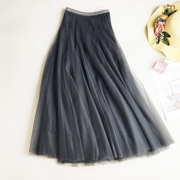

skirts tulle chic long tutu skirt holiday beach summer mesh women pleated solid high waist a line, Black
