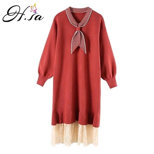 

women winter sweater dress butterfly collar lace stitch long knit jumpers patchwork 210430, Black;gray