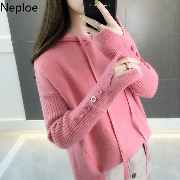 

women's sweaters neploe korean loose preppy style hooded knitted pullovers autumn winter solid button pull femme hiver casual sweater 4, White;black