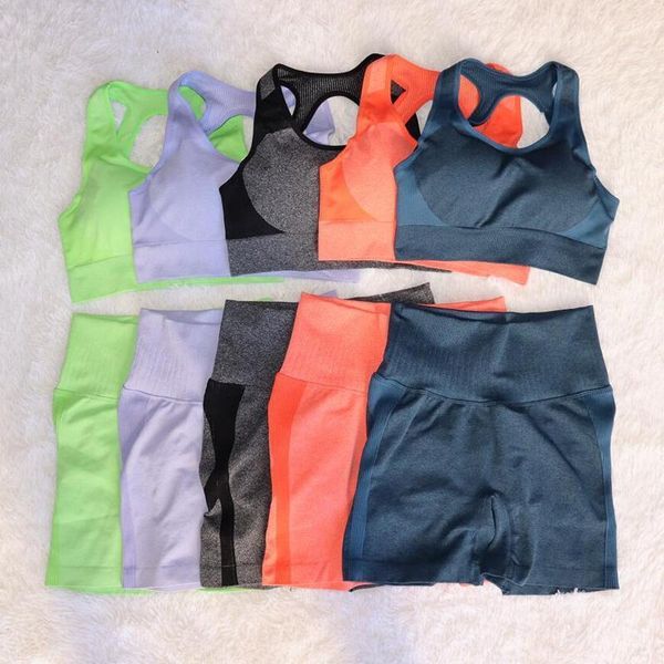 

yoga outfit women's clothes seamless knitting suit shockproof gathered running bra sports shorts fitness sportswear set1