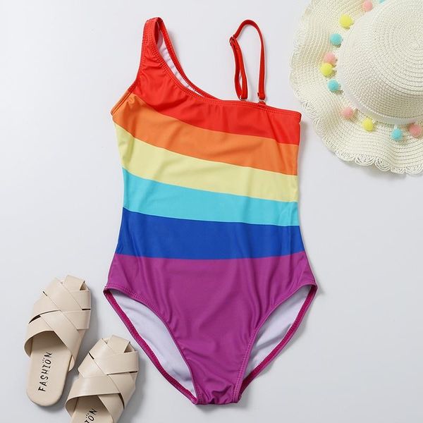 

one-pieces kid teen girl one piece swimwear colorful monokini swimsuits rainbow stripe bathing suits for infant outdoor clothes, Black