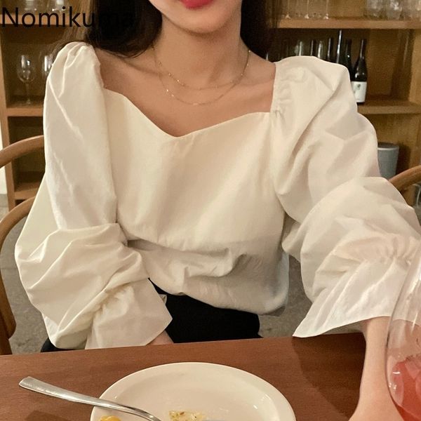 

nomikuma korean blouse women solid color square collar puff sleeve shirts female vintage sweet casual all-match blusas 210514, White