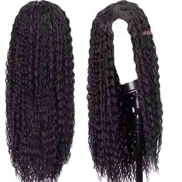 

small women's long straight curly black fluffy chemical fiber hair headgear