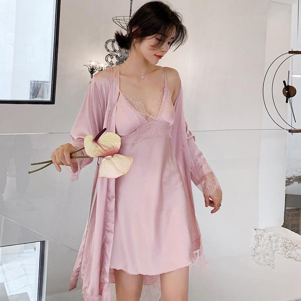 

women's sleepwear 2pcs women lace robe sets bride dressing bathrobe gown v-neck nightdress nightwear summer loungewear home dress, Black;red