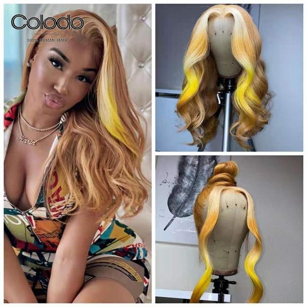 

lace wigs brown yellow color 13x4 front pre plucked brazilian wavy human hair wig remy glueless highlight for women, Black;brown