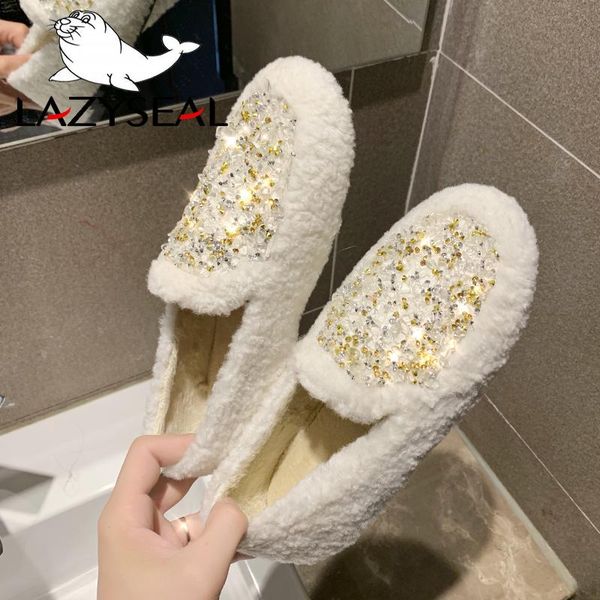 

boots lazyseal winter warm bling women flat snow plush fur female loafers faux casual shoes flats, Black