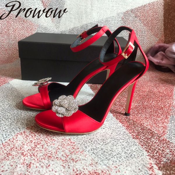 

prowow new summer black crystal floral summer sandals buackle strap party wedding sandals high heels shoes women branded