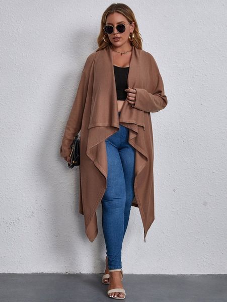 

plus waterfall collar open front coat w9uk#, Black