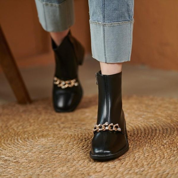 

boots fashion metal chain ankle for women high heels autumn square toe zip ladies punk short plus size 32-43 black