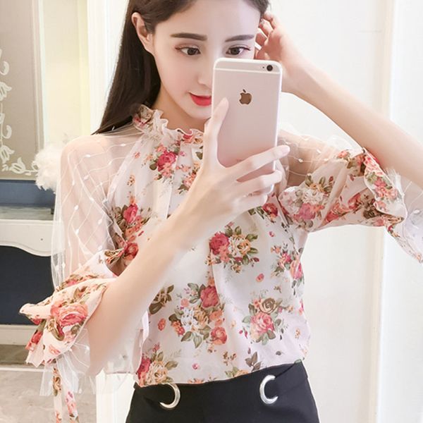 

fashion woman blouses short sleeve blouse women summer blouse women floral print chiffon blouse shirt blusas c986 210426, White
