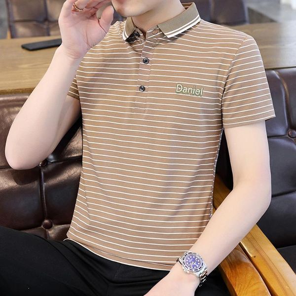 

men's polos 2021 striped shirt for men british slim embroidery logo lapel summer short sleeve casual business dress streetwear, White;black