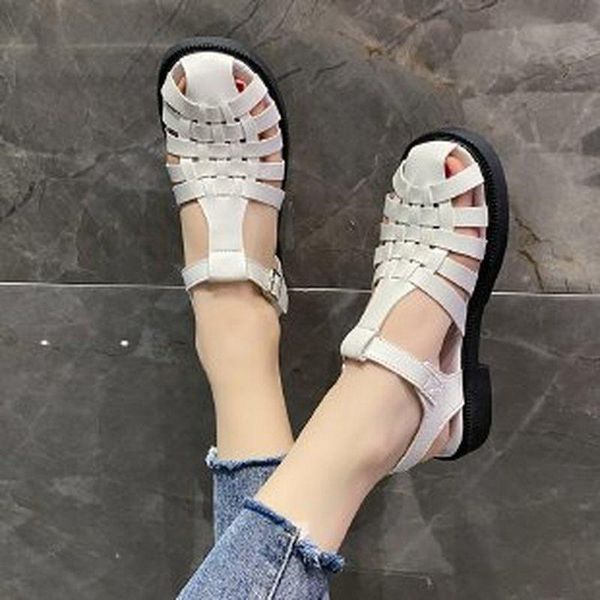

sandals 2021 women summer fashion women's weaving narrow band sandalas ankle buckle square toe flats casual, Black