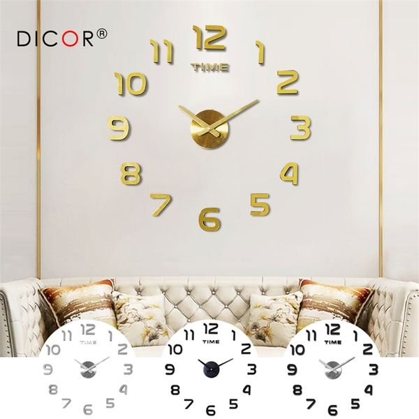 Fai da te 12v digitale grande orologio da parete decorazione della casa orologio da parete a specchio adesivo in vinile design moderno orologio da parete per soggiorno 210325