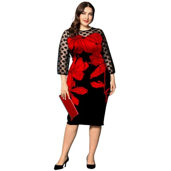 

ethnic clothing 2021 women elegant dress plus size floral print mesh long sleeve casual o neck evening party bodycon midi dresses wedding 5x, Red