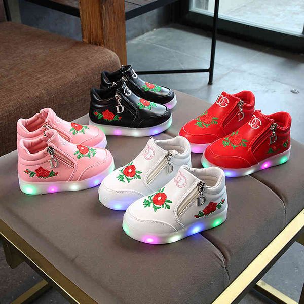 

baby shoes 2021 spring and autumn korean version of children's sports light middle embroidered cartoon led night soft bottom, Black