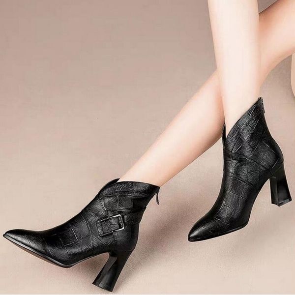

shoes thick heel short woman ankle boots women winter shoes booties pointed toe fall footware black beige 0v3b