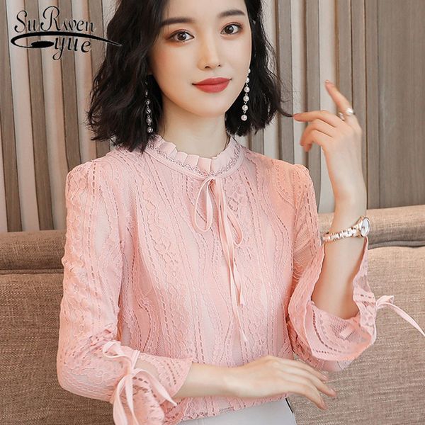 

spring lady fashion women lace blouse and long sleeve stand collar lace shirt solid color bottoming 2933 50 210521, White