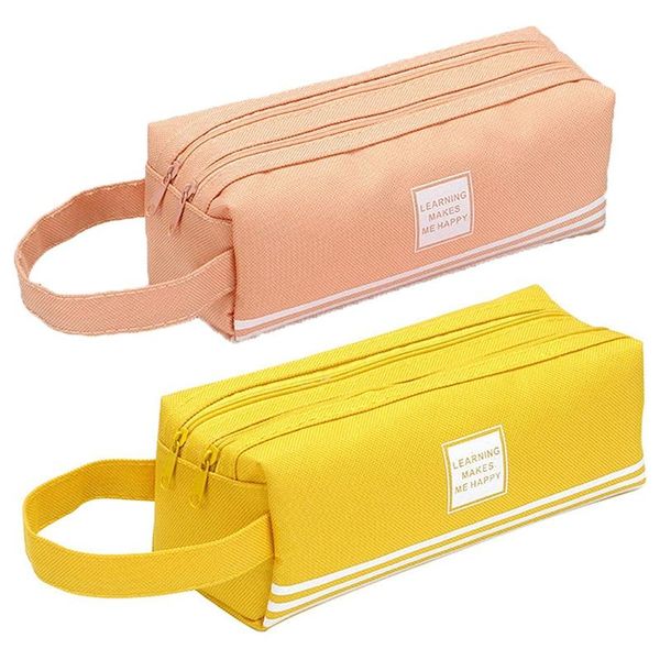 

double zippers pencil case large pink canvas pen bag pouch holder with compartments big capacity 2pcs bags