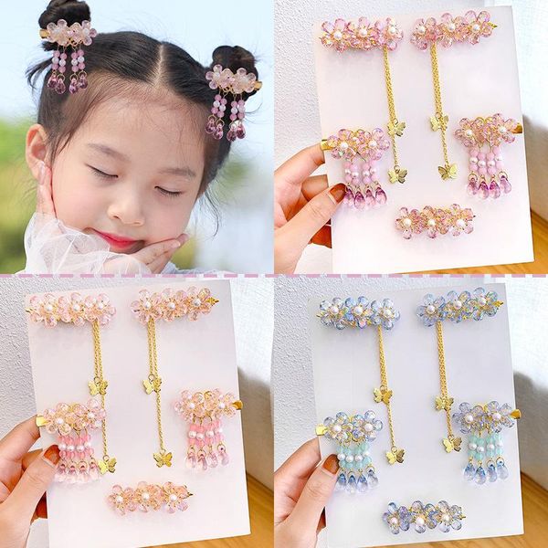

chinese style flower hairpin set girl retro hanfu butterfly chain super beauty antique hair accessories, Slivery;white