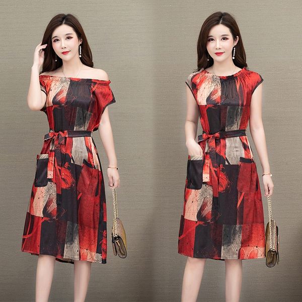 

wholesale fashion women's dress spring and summer printing fragrant cloud yarn heavy silk loose mid-length belted skirt, Black;gray