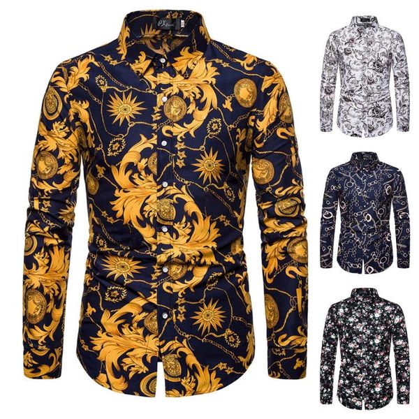 

men's casual shirts lapel printed shirt cardigan long sleeve fashion, White;black