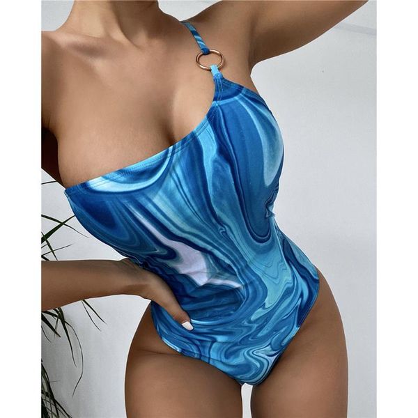 

women's swimwear one shoulder back cut out blue paisley printed piece swimsuit women female bather bathing suit swim v3087, White;black