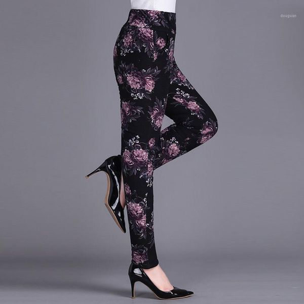 

women's pants & capris 2021 middle aged and old women winter warm print thick trousers female high waist elastic stretch pencil pant pl, Black;white