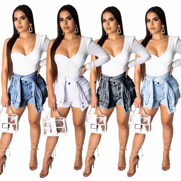 

summer fashion fake two-piece denim shorts with sleeves waist shaved denim ripped tassel high waist short jeans women pants 210709, White;black