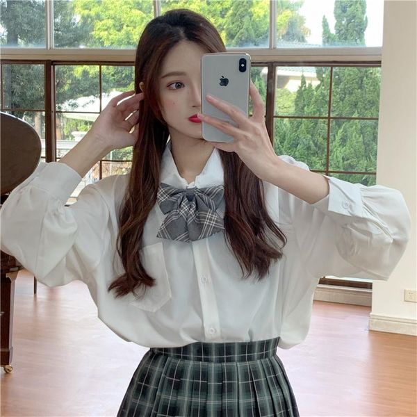 

women's blouses & shirts olomlb jk long-sleeve bow tie shirt preppy style turn-down collar clothing girls summer high school student sw, White