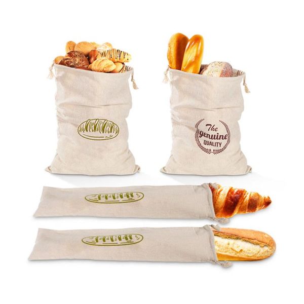 

4pcs Kitchen Natural Linen Bread Bag Reusable Portable Loaf Drawstring Pouch Storage Sack Candy Organizer Bags Container