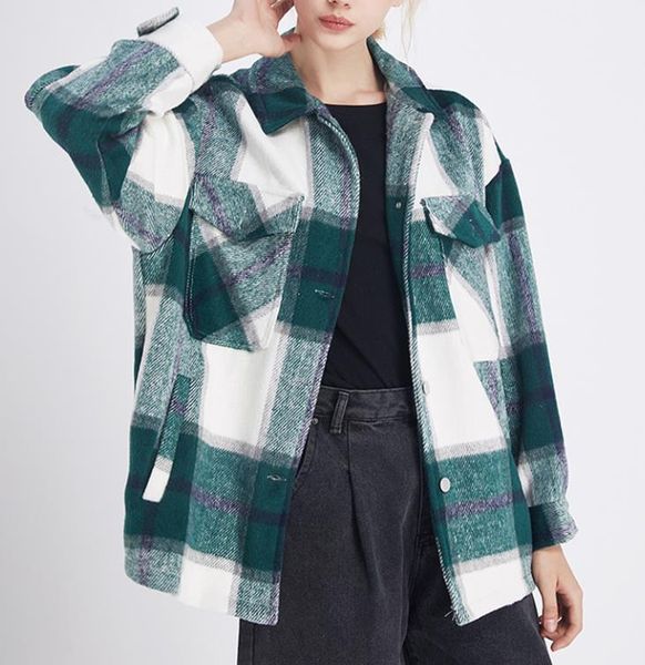 

vintage stylish pockets oversized plaid jacket coat women 2021 fashion lapel collar long sleeve loose outerwear chic women's jackets, Black;brown