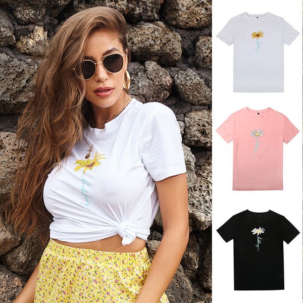 

summer t shirt 2021 large daisy women's short sleeve print loose versatile student crew ne, White