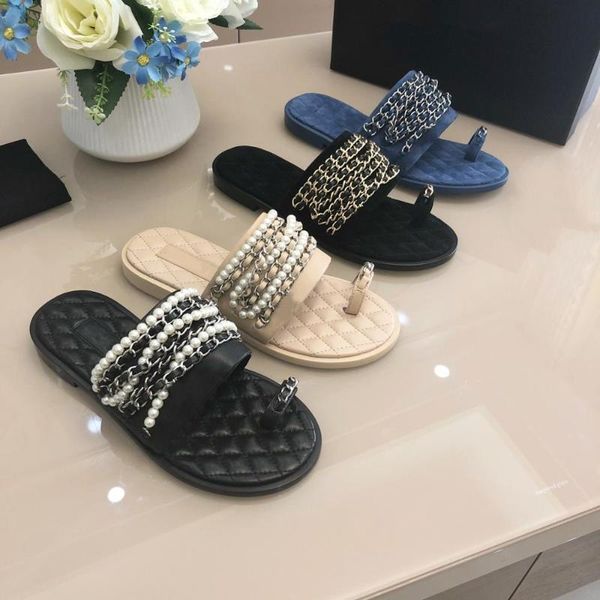 

slippers shoes woman thong metal chain pearls flat sandals genuine leather designer women femmes sandales mujer, Black