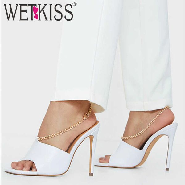 

wetkiss women high heel slippers summer quare peep toe slip on flip flop metal decoration slides sandal mules party shoes 210630, Black