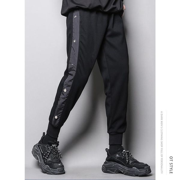 

men's pants dark personalized design, button stitching casual pants, nine point slim fit leggings, fashion korean guard pant, Black