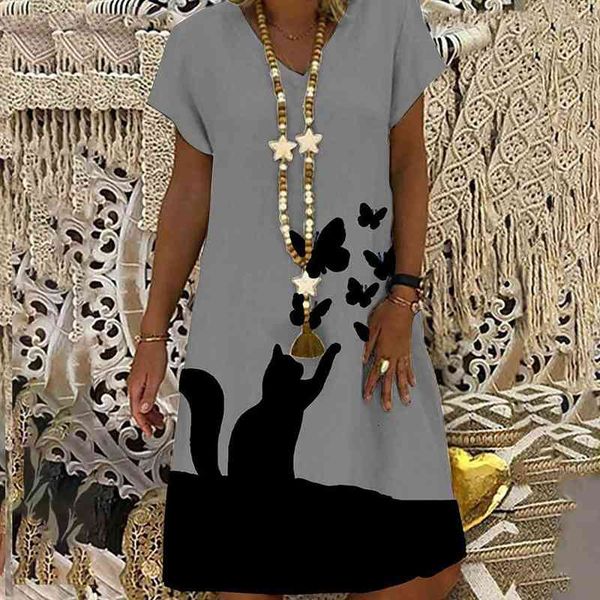 

hillsionly plus size womens summer cat print v neck dress short sleeve casual womens dresses dress for women, Black;gray