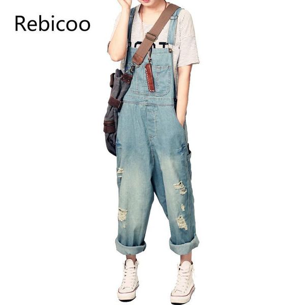 

women's jumpsuits & rompers casual loose denim overalls lady's oversize hole ripped baggy jeans wide leg pants for woman, Black;white