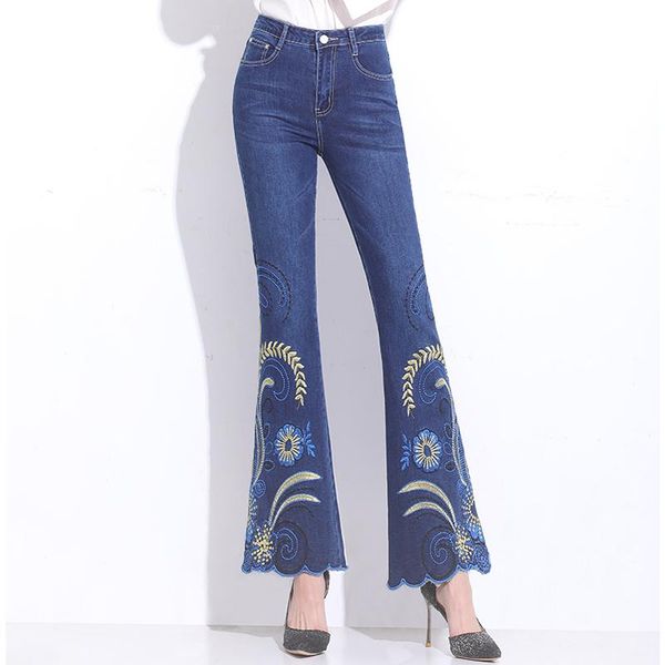 

women jeans high waist flare pants embroidered florals blue stretch mom trousers femme push up 36 women's
