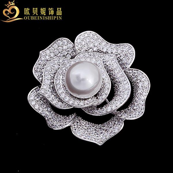 

pins, brooches obn fashion large silver tone micro paved cz rose flower brooch pearl romantic broaches jewelry for women gift, Gray