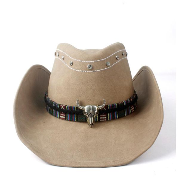 

cloches western cowboy cowgirl leather hat wide brim bull head band, Blue;gray