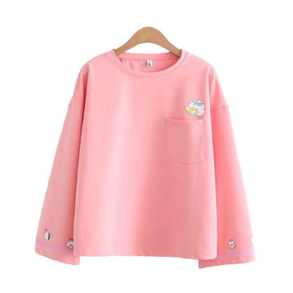 

merry pretty women cartoon print pocket hoodies autumn long sleeve o-neck cotton pullovers for sweet girl cute sweatshirts 210526, Black
