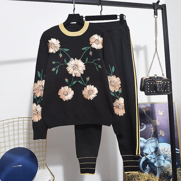 

two piece dress fashion handmade sequin flowers knitted sweater pencil pants women set loose casual black tracksuit female outfits 2pc, White