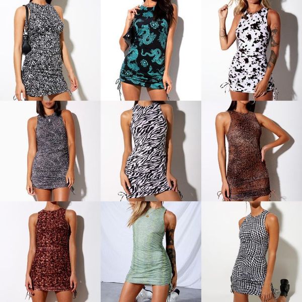 

colors women o-neck cow leopard dragon printed mini dress sleeveless drawstring bodycon dresses 2021causal vestidos casual, Black;gray