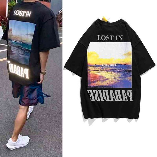 

men's t-shirts harajuku letter reflective streetwear tshirts men and women sunset painted oversize t-shirt short sleeve hip hop ca, White;black