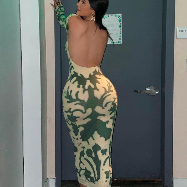 

casual dresses european and american stripe printed backless long sleeve round neck dress 2021 autumn slim bag hip is thin, Black;gray