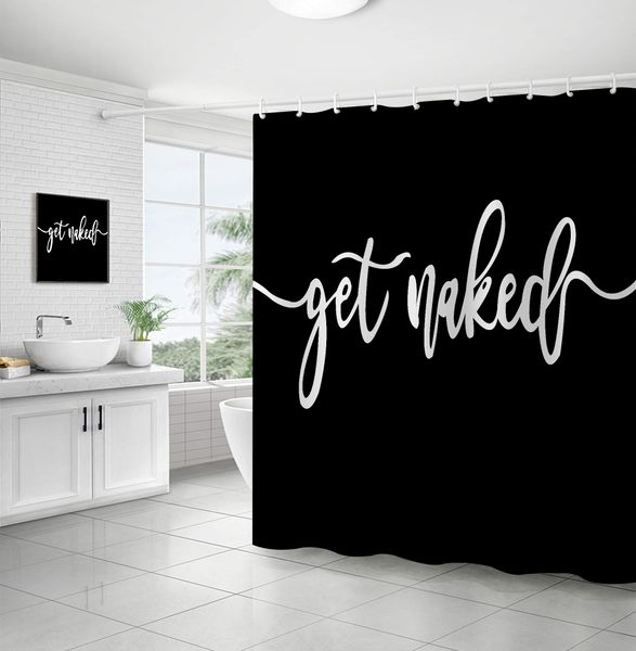 

trendy shower curtain white waffle funny words get naked on black background durable waterproof interesting cute bath curtain
