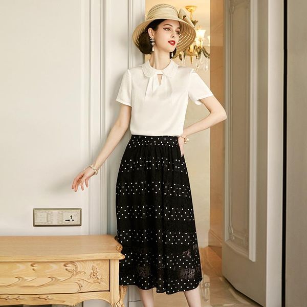 

women's two piece pants shzq doll collar white shirt 2021 summer fashion suit skirt chiffon wear