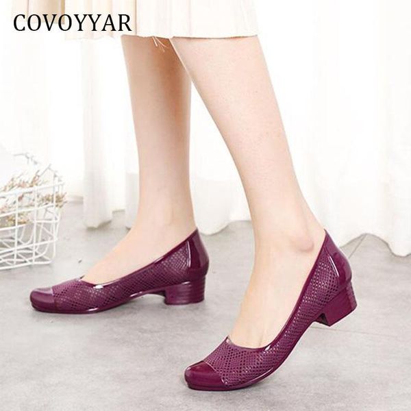 

dress shoes covoyyar pvc women summer breathable block heel woman pumps jelly lady sandals cut out slip on high heels wfs4017, Black