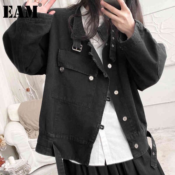 

[eam] loose black denim asymmetrical pocket jacket stand collar long sleeve women coat fashion spring autumn 1dd5972 21512, Black;brown